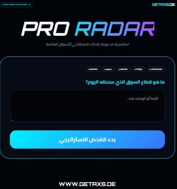 واجهة برنامج رادار النخبة للذكاء الاصطناعي لتحليل السوق في موقع getaxs.de