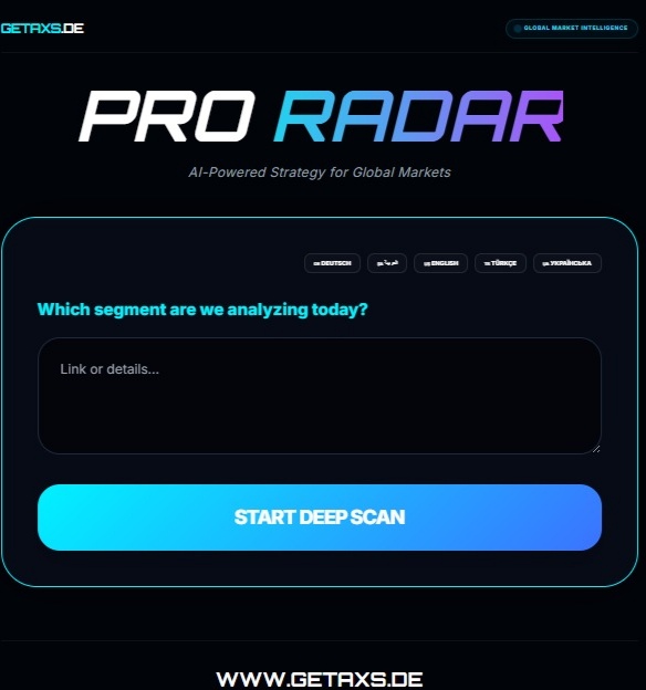 Modern Elite AI PRO RADAR interface featuring blue neon effects and strategic analysis tools on getaxs.de
