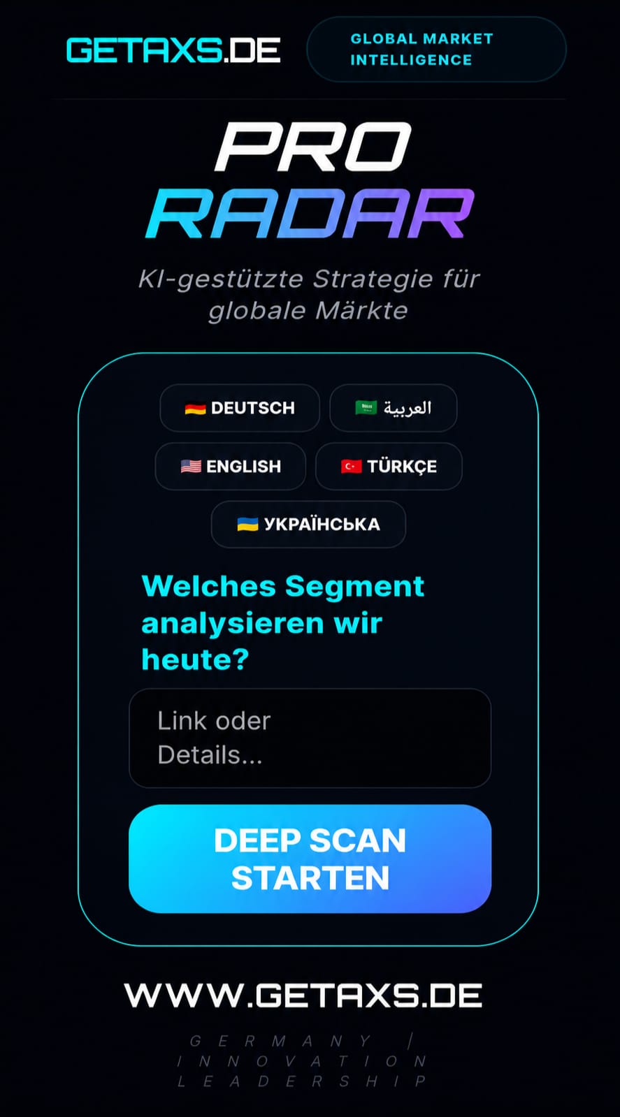 Modernes Elite AI PRO RADAR Interface mit blauen Neon-Effekten und Marktanalyse-Indikatoren von GETAXS.DE