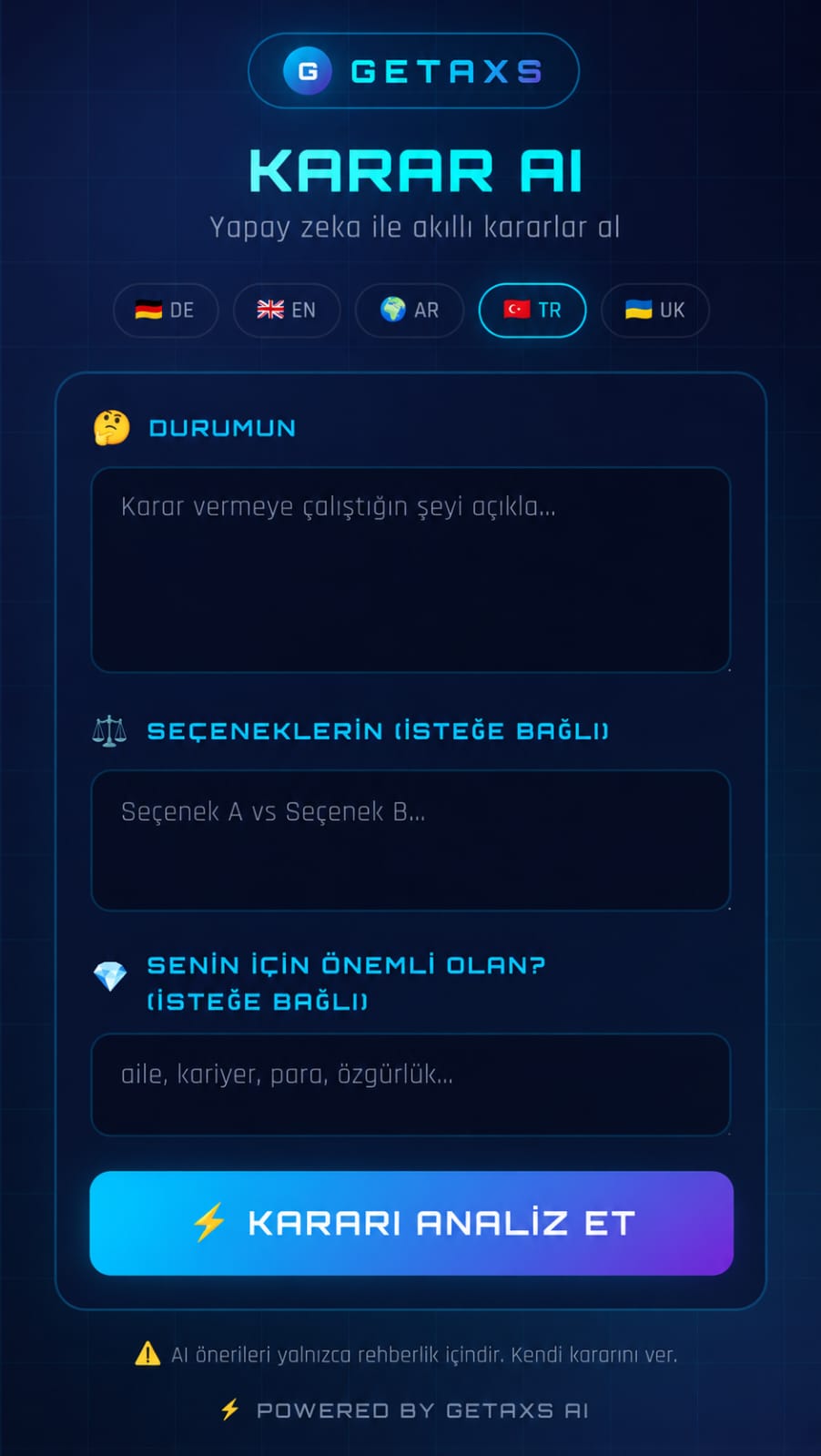 Sorun analizi adımlarını, seçenek değerlendirmesini ve sonuç grafiğini içeren Decision AI uygulama arayüzü görseli.