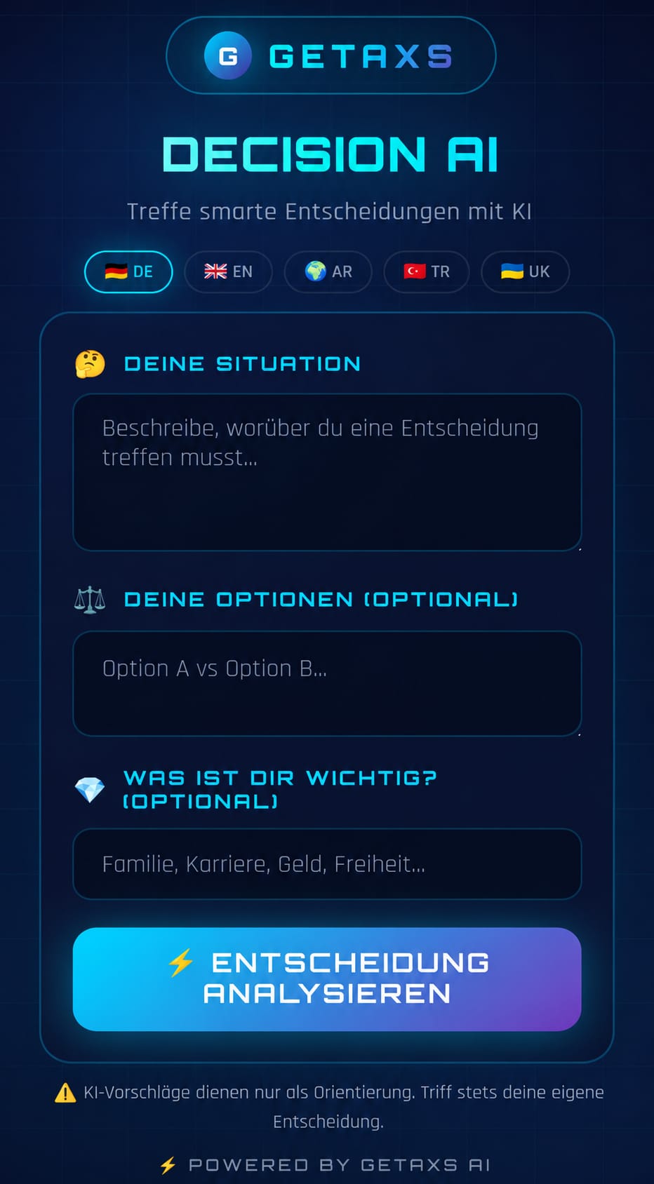 Screenshot der Benutzeroberfläche von Decision AI App mit Schritten zur Problemanalyse und Entscheidungsfindung