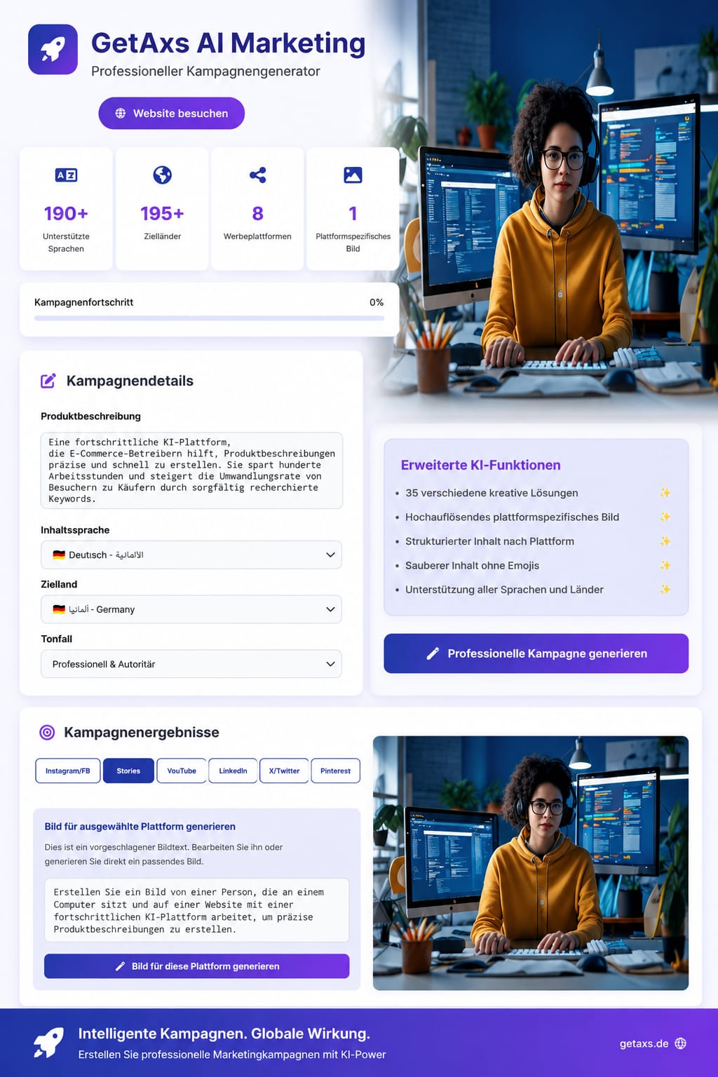 Eine professionelle Frau arbeitet an einem Computer, umgeben von der modernen Benutzeroberfläche des GetAxs AI Marketing-Tools, die Funktionen wie 190+ Sprachen, Werbeplattformen und KI-Bildgenerierung zeigt.