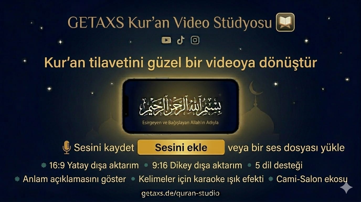 Kur'an tilavet videoları için yapılandırma seçeneklerini gösteren GETAXS Kur'an Video Stüdyosu uygulamasının ekran görüntüsü.